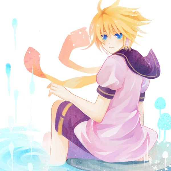 blonde_hair, blue_eyes, feet_in_water, kagamine_len, looking_back, male, necktie, ponytail, rinvi, short_hair, shorts, sitting, soaking_feet, solo, vocaloid, water