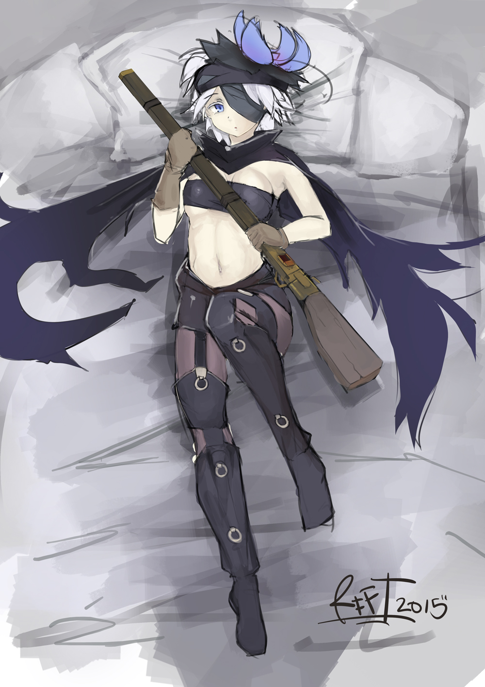 1girl, bandage_over_one_eye, blue_eyes, cape, dakimakura, eyepatch, flower, fremy_speeddraw, full_body, gloves, gun, hair_flower, hair_ornament, highres, lying, midriff, navel, on_back, rifle, riftgarret, rokka_no_yuusha, short_hair, solo, strapless, thigh-highs, tubetop, weapon, white_hair