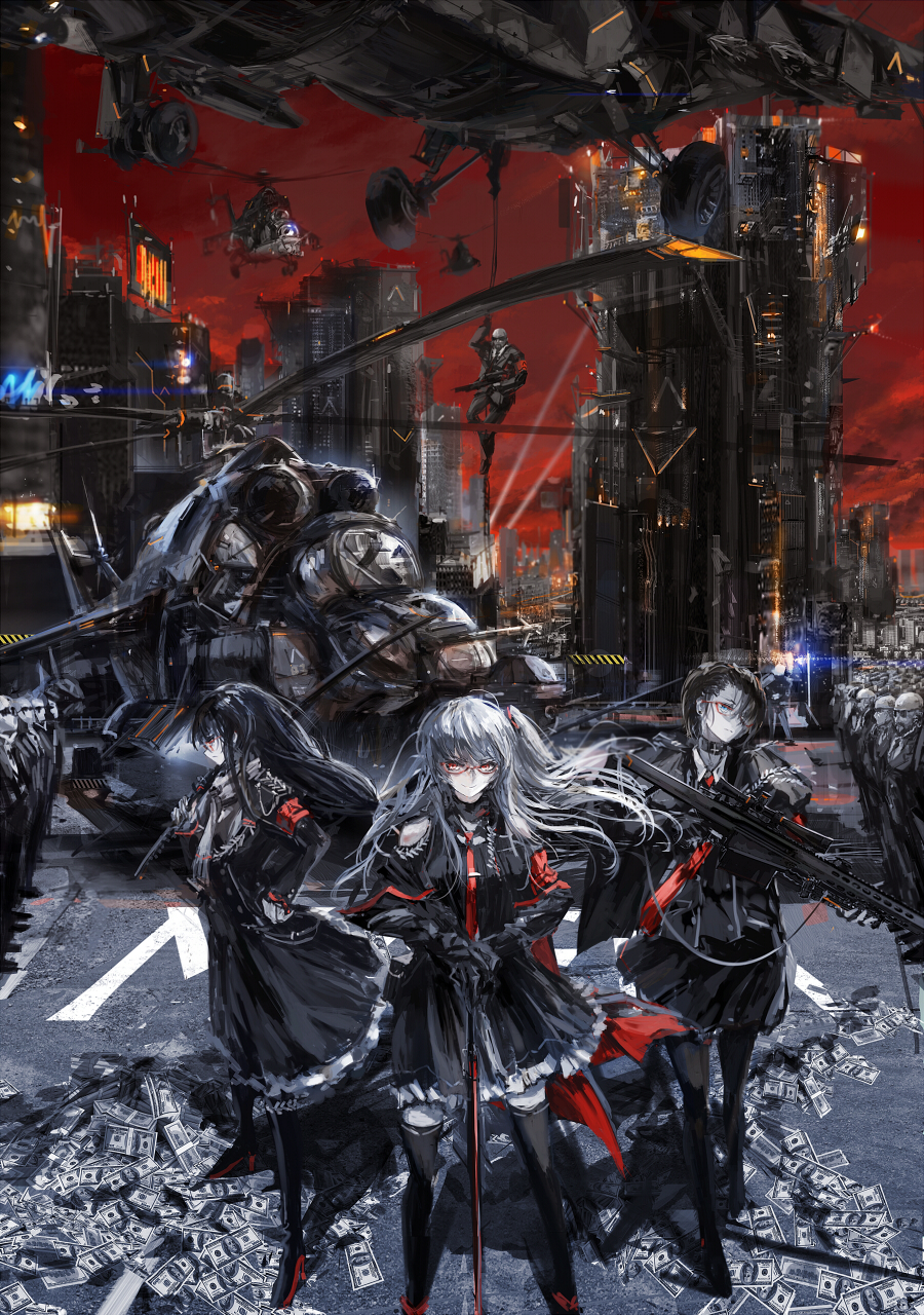 3girls, 6+boys, black_hair, black_legwear, blue_eyes, building, business_suit, choker