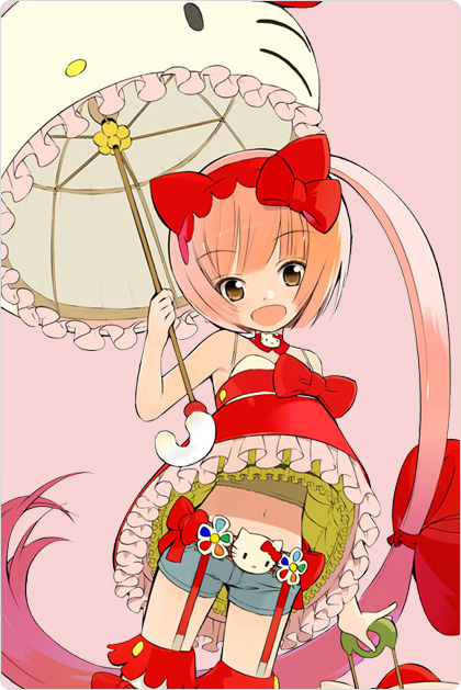 bow, brown_eyes, cat_ears, dress, garters, hair_bow, hello_kitty, hello_kitty_to_issho!