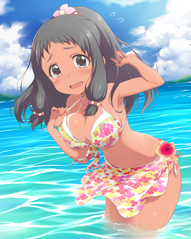 1girl, beach, bikini, bikini_tan, black_hair, blush, breasts, brown_eyes