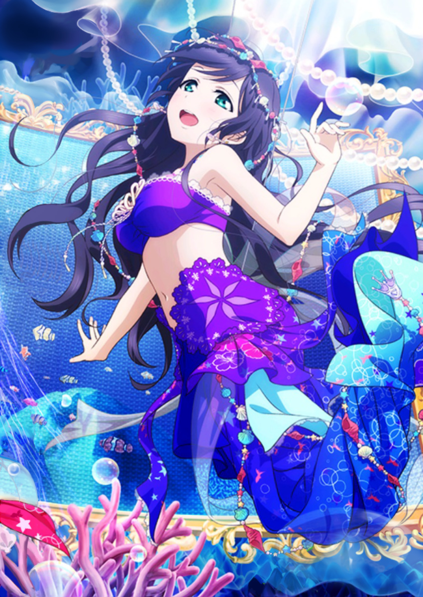 1girl, :d, alternate_hairstyle, aqua_eyes, armpits, bare_shoulders, bikini_top, blush