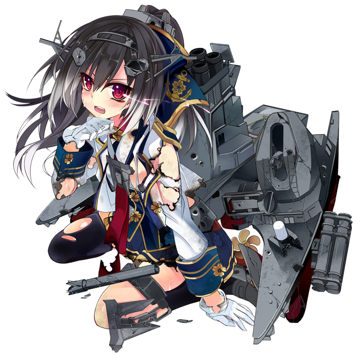 1girl, anchor, anchor_symbol, arm_support, asymmetrical_legwear, black_hair, bow, damaged