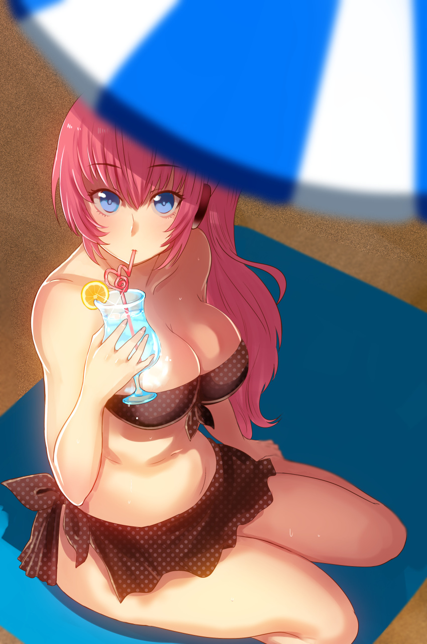 1girl, absurdres, alternate_hairstyle, beach, beach_towel, bikini, bikini_skirt, blue_eyes, breasts, brown_bikini, cup, drinking, from_above, front-tie_top, highres, large_breasts, long_hair, looking_at_viewer, megurine_luka, midriff, noboes, off_shoulder, pink_hair, ponytail, sand, side-tie_bikini, sitting, solo, swimsuit, towel, vocaloid