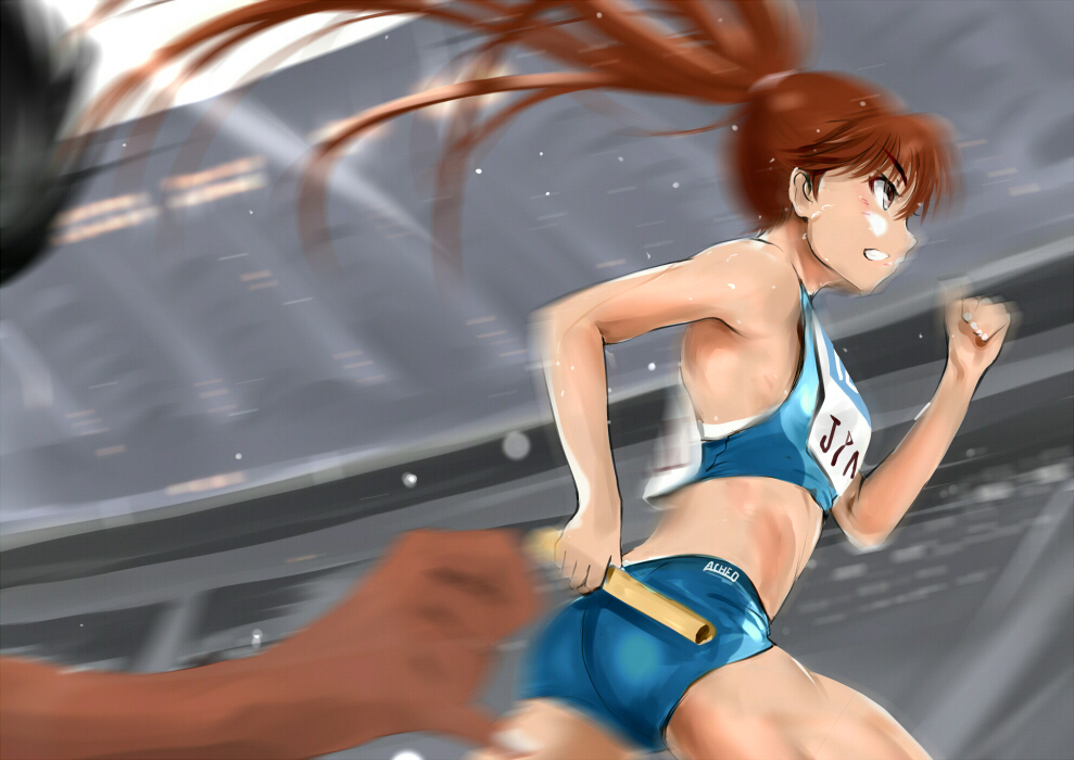 brown_eyes, buruma, commentary, flying_sweatdrops, gotou_ikumi, grin, long_hair, murasaki_iro