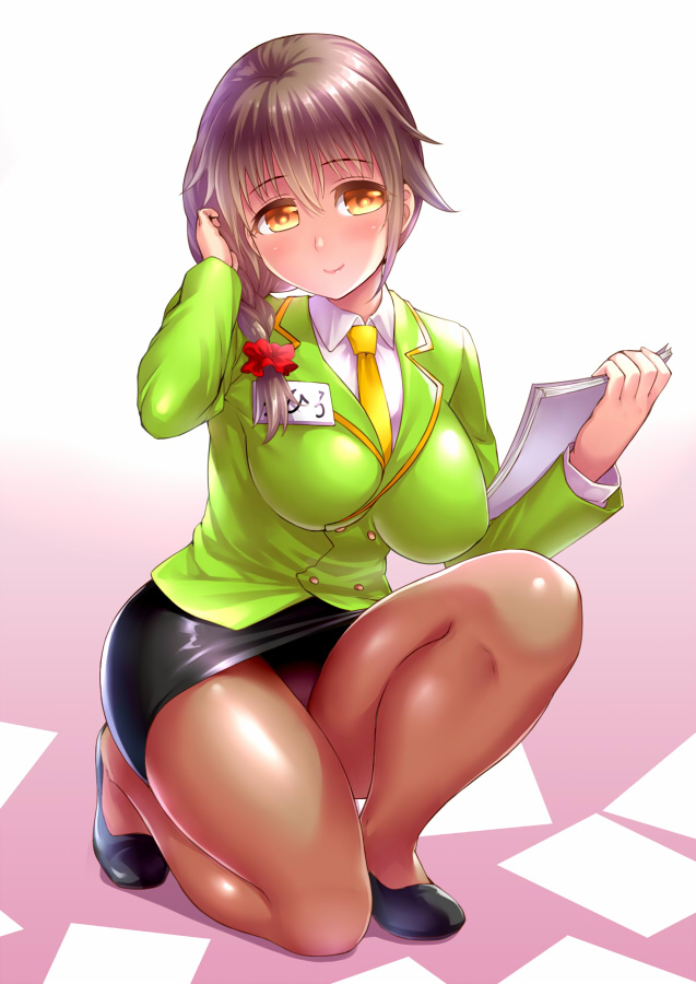 1girl, bent_knees, black_skirt, braid, breasts, brown_eyes, brown_hair, green_jacket, hair_tousle, idolmaster, idolmaster_cinderella_girls, impossible_clothes, jacket, kneeling, large_breasts, long_hair, looking_at_viewer, misao_(kami_no_misoshiru), necktie, office_lady, panties, panties_under_pantyhose, pantyhose, pantyshot, pantyshot_(kneeling), pencil_skirt, senkawa_chihiro, single_braid, skirt, smile, solo, underwear, white_blouse