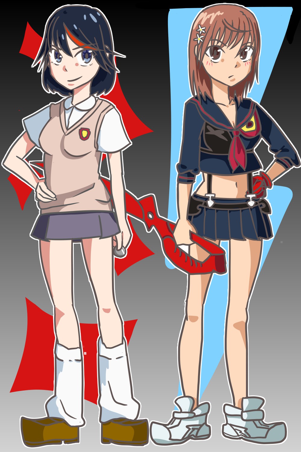 2girls, background, black_hair, blue_eyes, brown_eyes, brown_hair, coin, cosplay