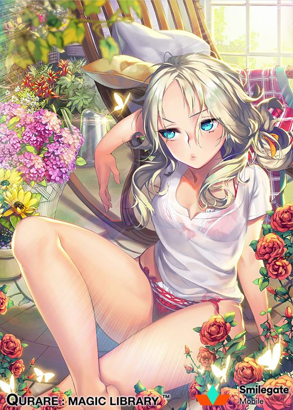 1girl, arm_up, bangs, bare_legs, barefoot, blonde_hair, blue_eyes, bra