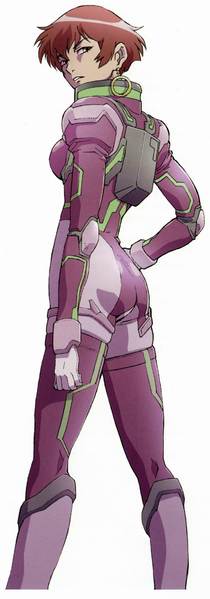 1girl, bodysuit, brown_eyes, brown_hair, earrings, hand_on_hip, highres, hoop_earrings