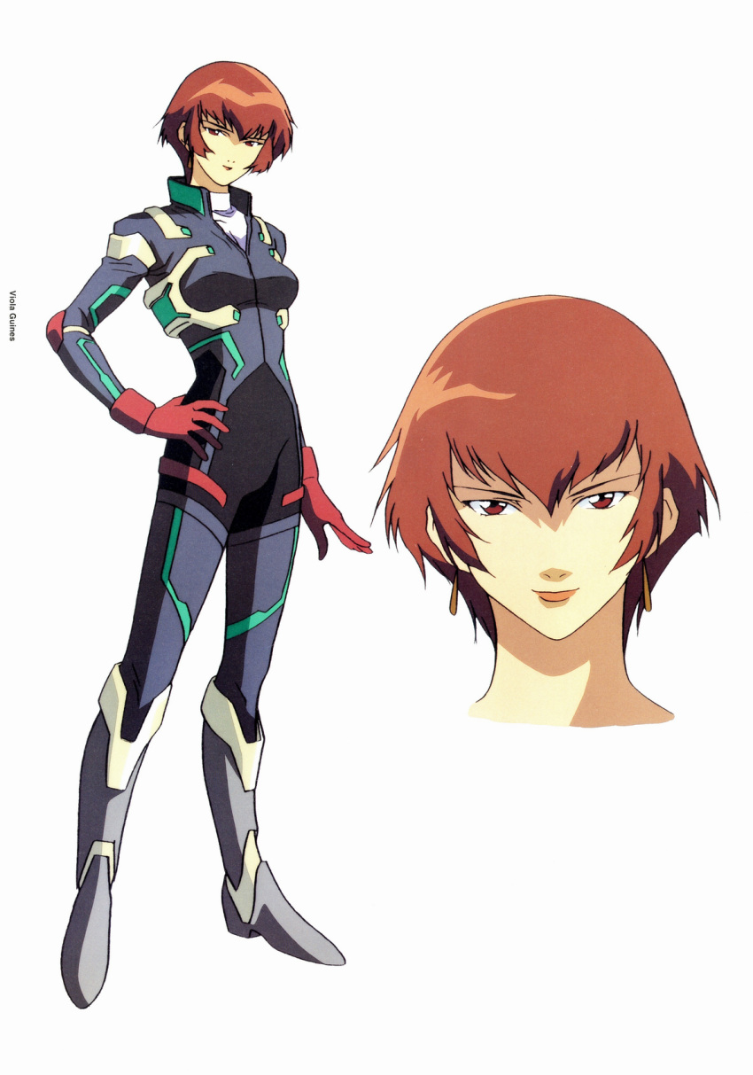 1girl, bodysuit, brown_eyes, brown_hair, concept_art, earrings, hand_on_hip, highres