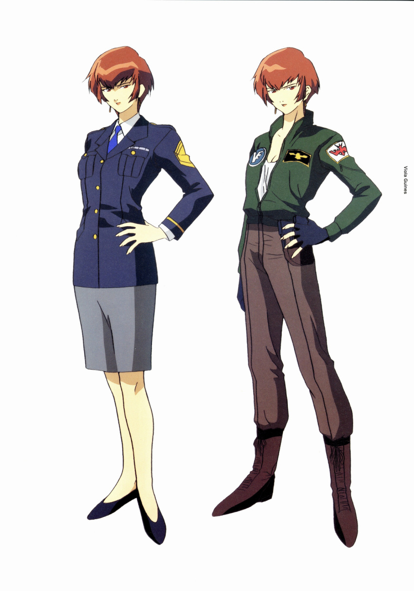 blue_necktie, boots, brown_eyes, brown_hair, concept_art, earrings, hand_on_hip, high_heels