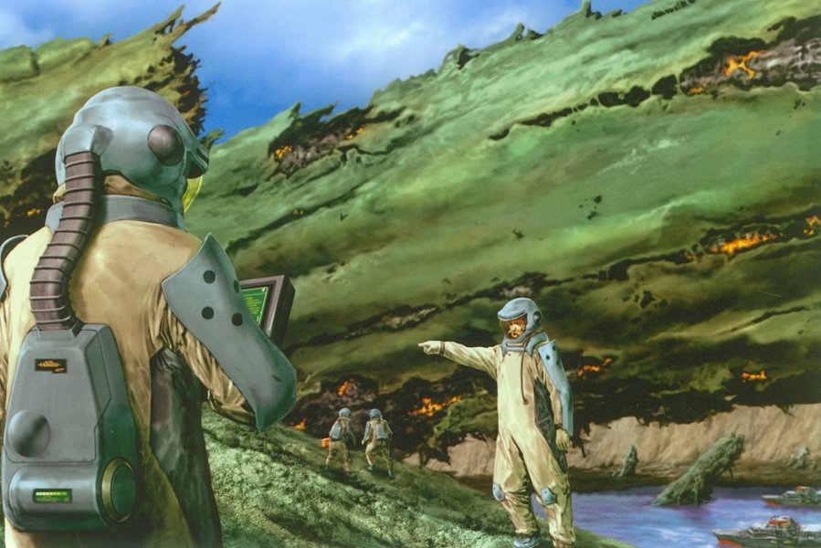 choujikuu_yousai_macross, gun_destroyer, hazmat_suit, island, macross, mecha, official_art, ruins, science_fiction, scientist, sdf-1, ship, soldier, south_ataria, space_craft, supervision_army, the_super_dimension_fortress_macross, u.n._spacy, water