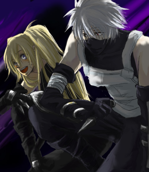 1boy, 1girl, anbu, artist_request, bandage, blonde_hair, blue_eyes, genderswap