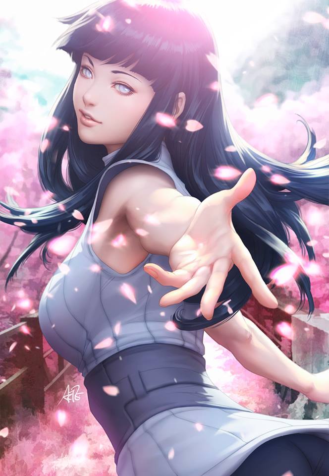 1girl, armpits, cherry_blossoms, hime_cut, hyuuga_hinata, last, lavender_eyes, lens_flare, looking_back, naruto, naruto:_the, petals, purple_hair, realistic, sleeveless, solo, stanley_lau, tree