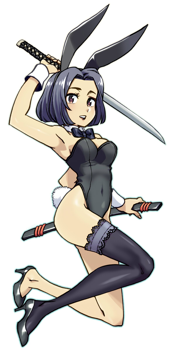 1girl, animal_ears, black_hair, bowtie, brown_eyes, bunny_tail, bunnysuit, detached_collar