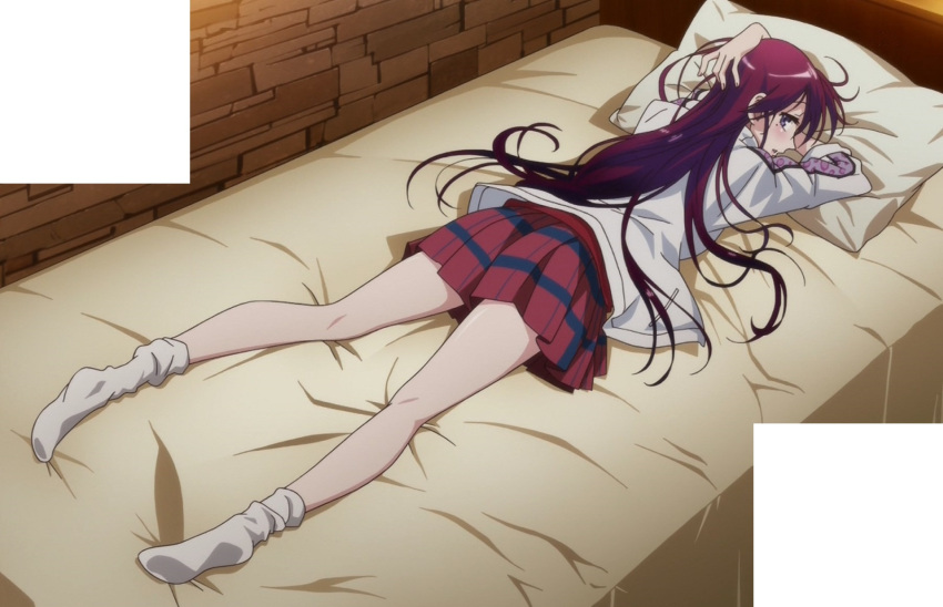 bed, highres, jitsu_wa_watashi_wa, long_hair, maroon_hair, pleated_skirt, screencap, shishido_shiho