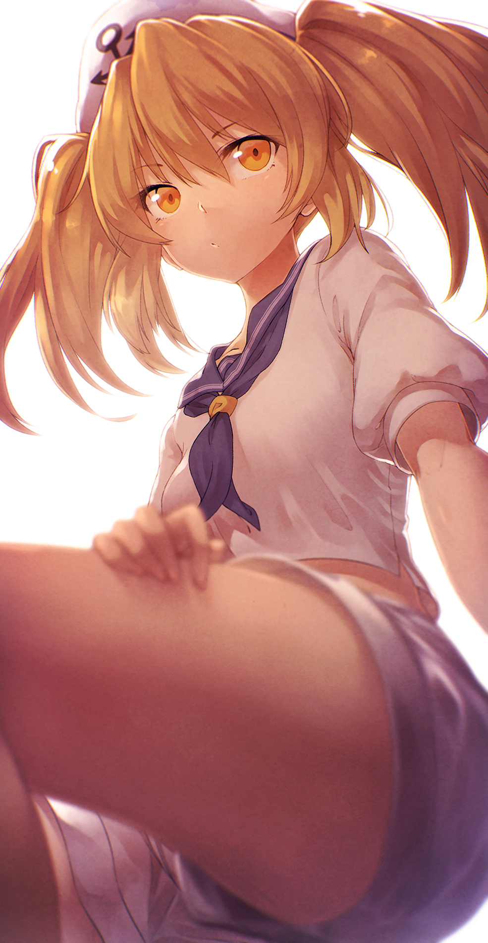 1girl, anchor_symbol, blonde_hair, hand_on_leg, hat, highres, ibuki_notsu, kitashirakawa_chiyuri, legs, puffy_sleeves, revision, sailor, sailor_collar, short_sleeves, shorts, simple_background, solo, thighs, touhou, twintails, white_background, yellow_eyes