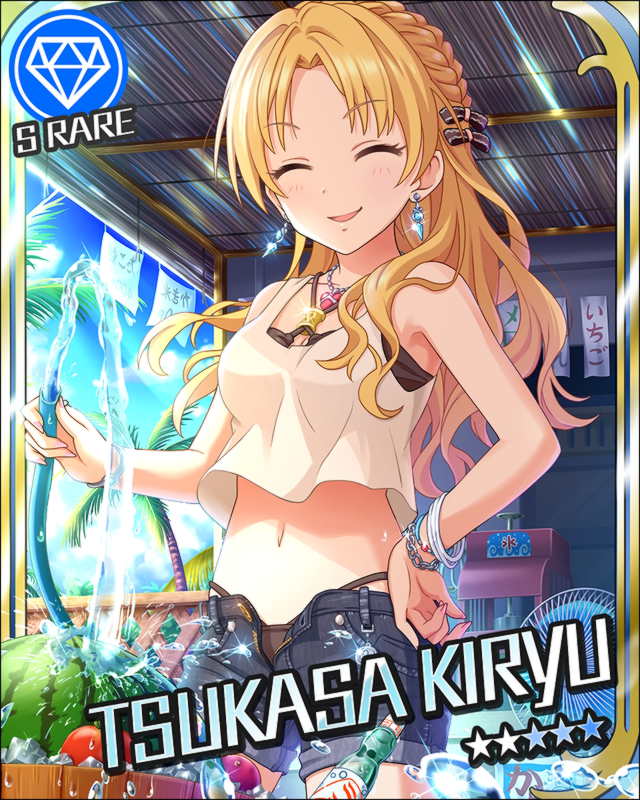 1girl, blonde_hair, blush, bracelet, character_name, closed_eyes, drink, earrings