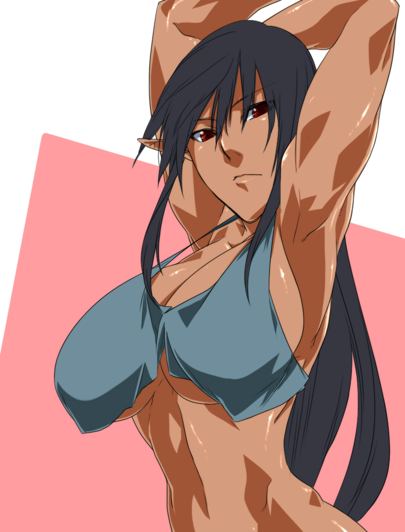 1girl, biceps, breasts, elf, grey_hair, huge_breasts, ksaiki, large_breasts
