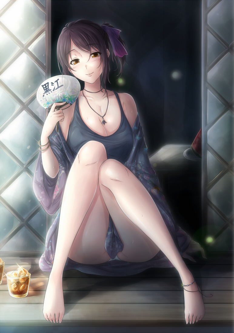 1girl, barefoot, black_hair, blush, breasts, drink, fan, hair_ribbon