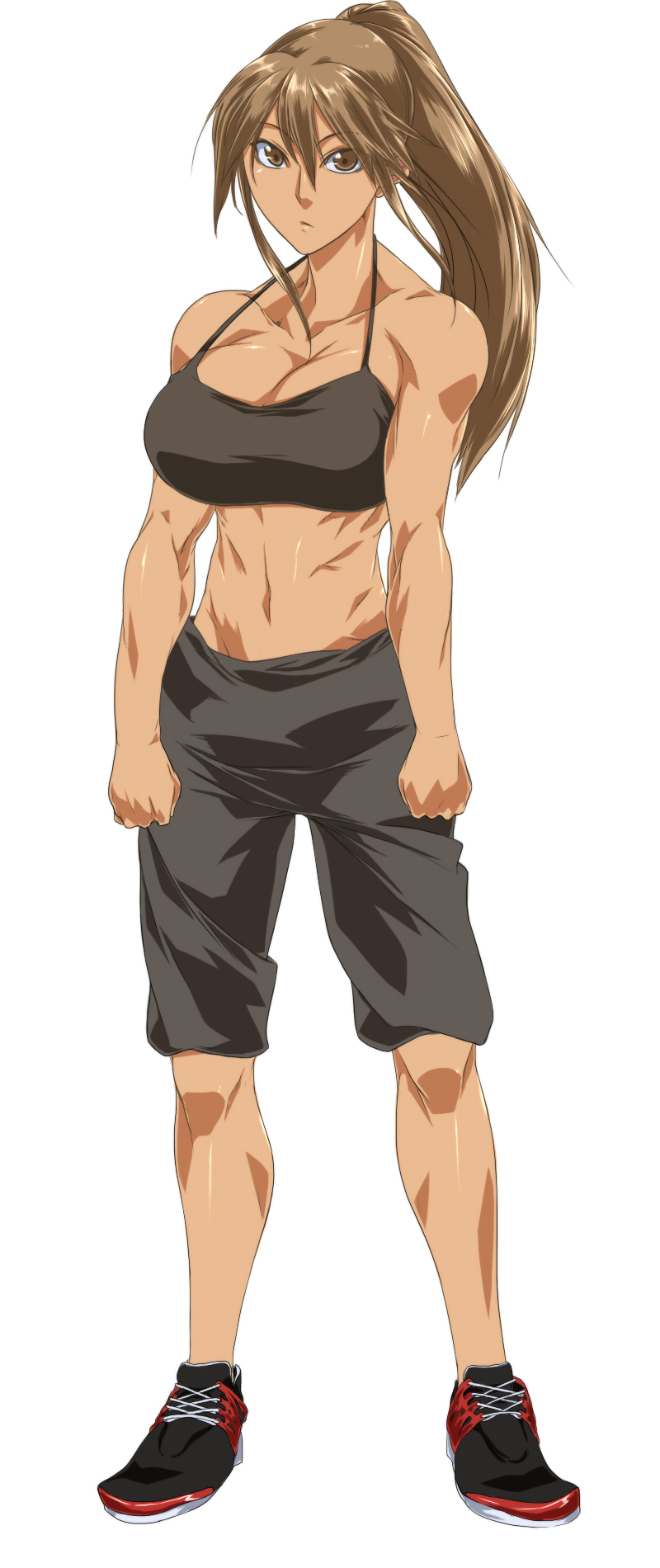 1girl, abs, biceps, breasts, brown_eyes, brown_hair, highres, huge_breasts