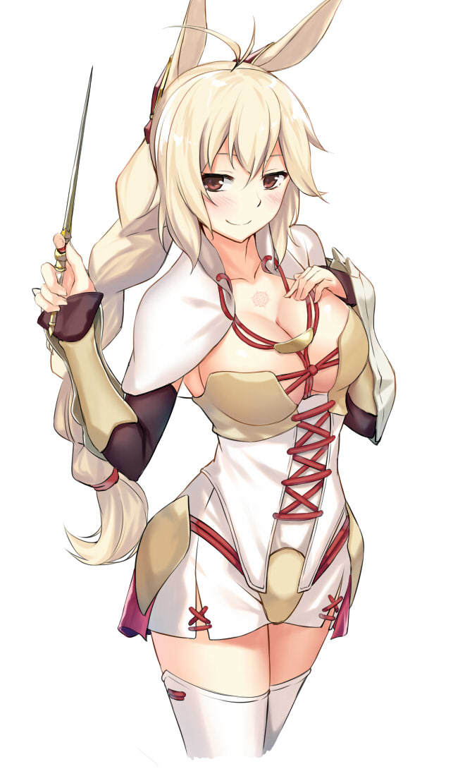 1girl, animal_ears, blonde_hair, blush, braid, breasts, cccpo, cleavage
