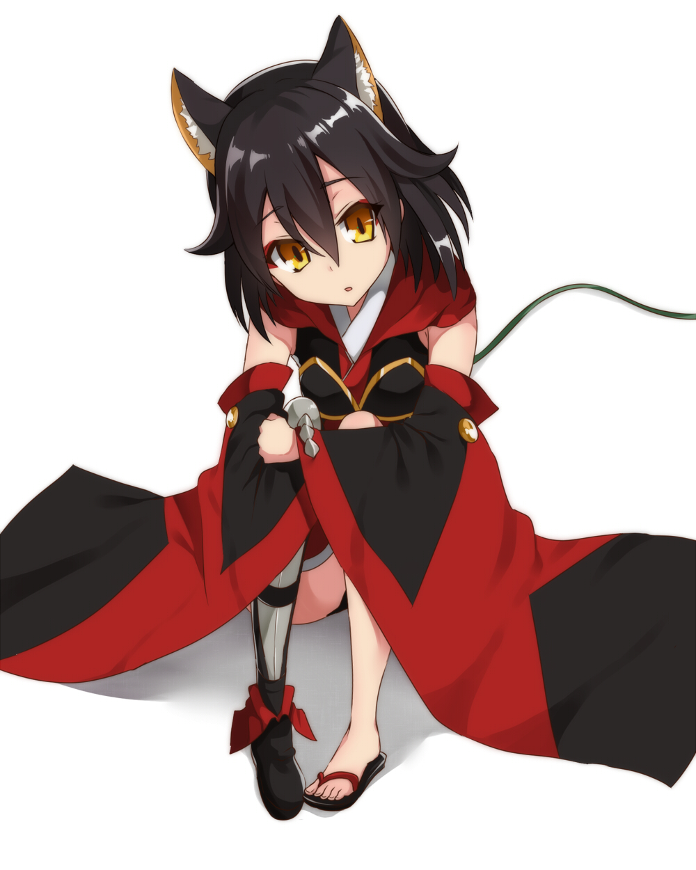 1girl, animal_ears, black_hair, chaos_dragon, detached_sleeves, eiha, highres, japanese_clothes, short_hair, solo, yuuuuu_(magia-mami)