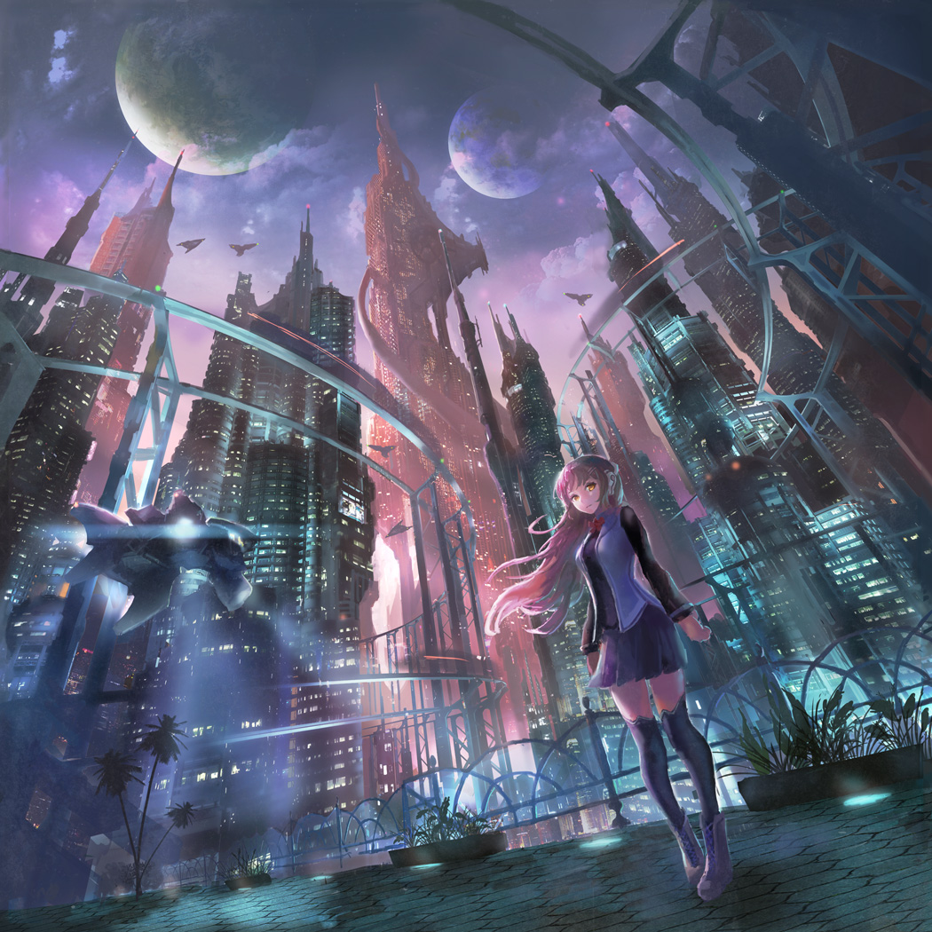 1girl, aircraft, boots, building, clouds, denki, dutch_angle, floating_hair