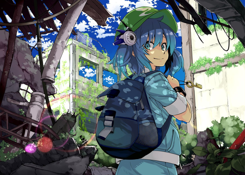 1girl, backpack, bag, blue_eyes, blue_hair, building, hat, irue