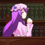 animated, animated_gif, book, closed_eyes, gif, hands_clasped, library, lowres, mahou_shoujo_lyrical_nanoha, mahou_shoujo_lyrical_nanoha_strikers, parody, patchouli_knowledge, spin, spinning, touhou, tsuyuki