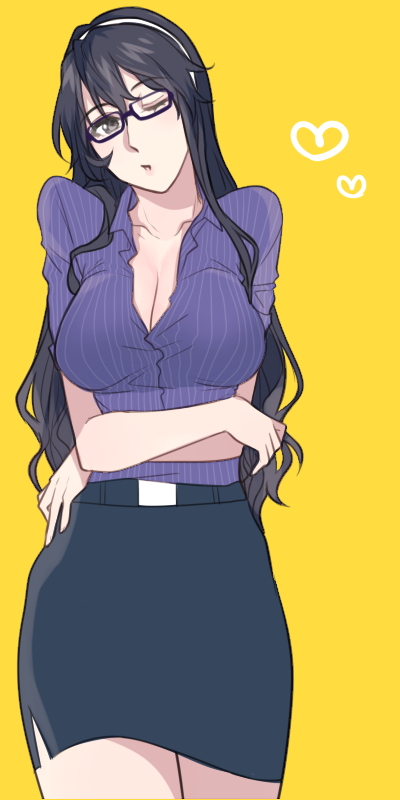 1girl, ashigara_(kantai_collection), bespectacled, black_hair, breasts, brown_eyes, casual, cleavage