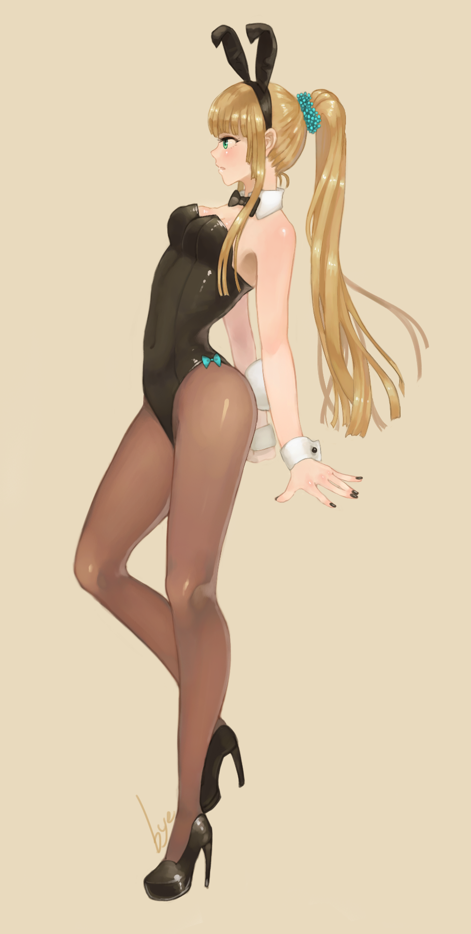 1girl, animal_ears, bowtie, bunny_tail, bunnysuit, bye, detached_collar, highres