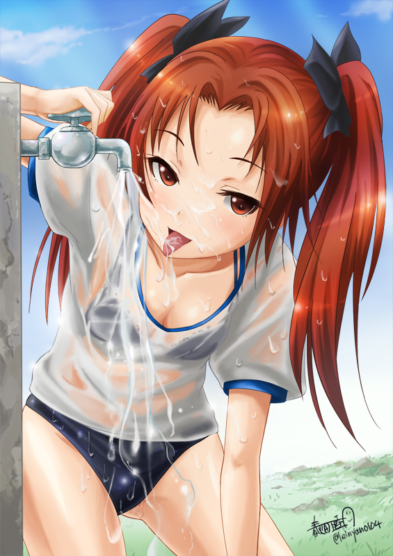1girl, aries, artist_name, bent_over, blush, bra, buruma, clouds, cloudy_sky, drinking, faucet, girls_und_panzer, gym_uniform, hair_ribbon, haruhata_mutsuki, japan, japan_air, japan_ground_self-defense_force, japan_maritime_self-defense_force, japan_self-defense_force, japanese, kadotani_anzu, long_hair, monkey, monkey_ears, monkey_girl, monkey_tail, outdoors, red_eyes, red_hair, redhead, ribbon, see-through, shirt, signature, sky, solo, standing, twintails, underwear, wet, wet_clothes, wet_shirt, white_shirt