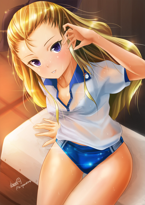 1girl, adjusting_hair, arm_support, artist_name, assam, blonde_hair, blue_eyes, blush