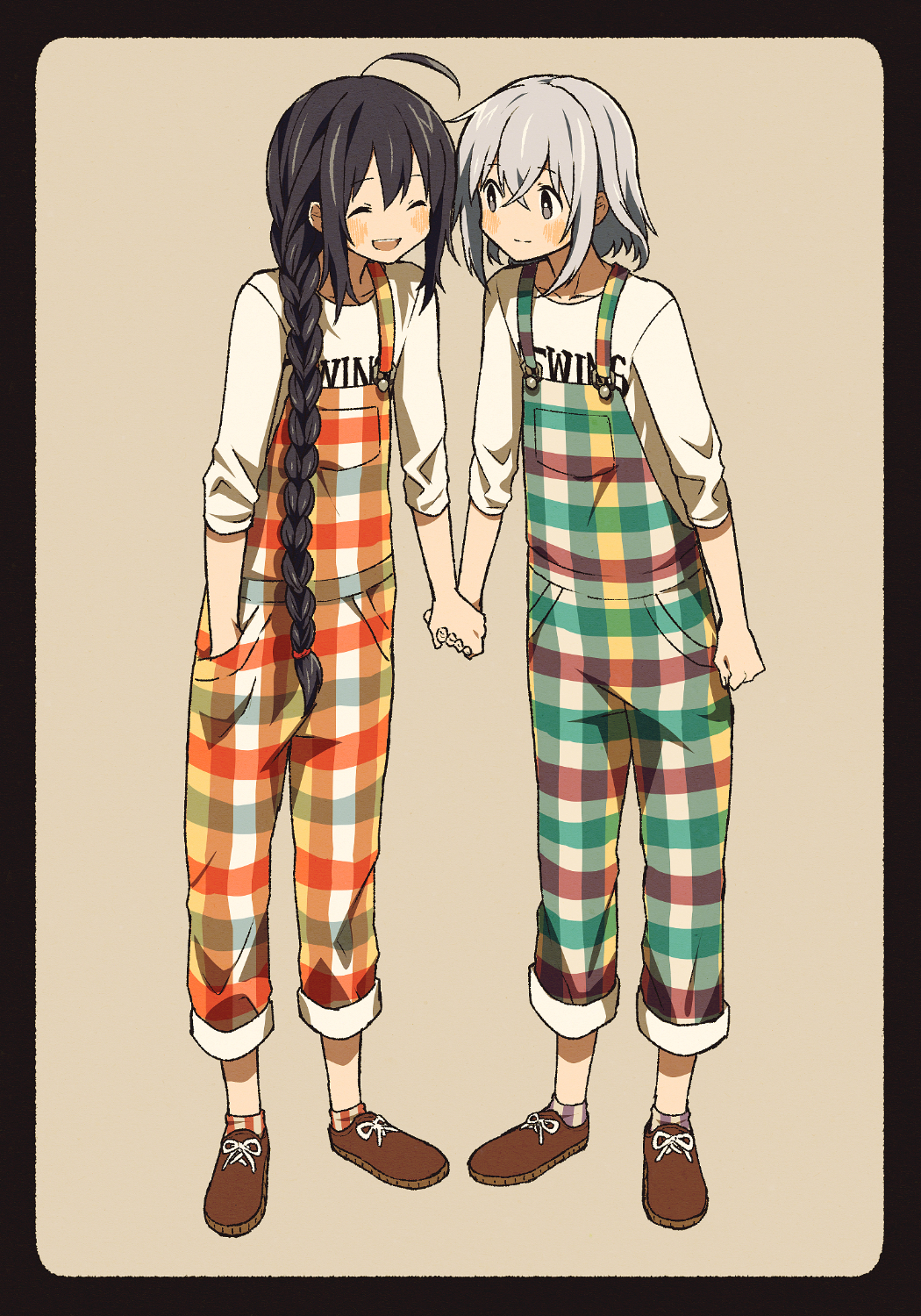 2boys, ^_^, ahoge, alternate_hairstyle, arm_at_side, bangs, beige_background, black_border