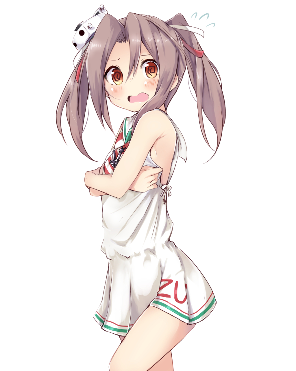 1girl, @_@, alternate_costume, alternate_hairstyle, amano_kouki, bare_shoulders, brown_hair, cosplay