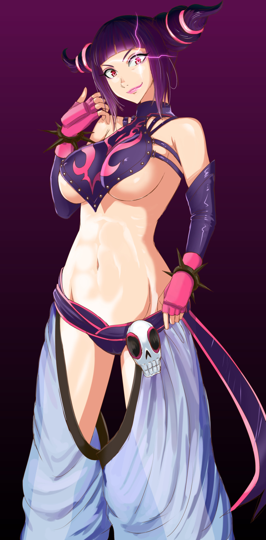 1girl, abs, absurdres, baggy_pants, bangs, belt, black_hair, breasts
