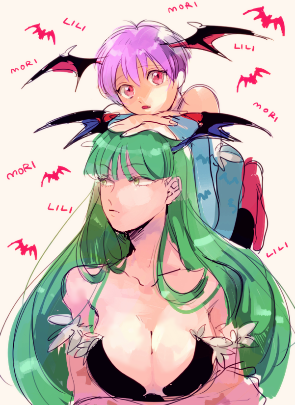 2girls, breasts, bridal_gauntlets, crossed_arms, demon_girl, ekubo_(ciaobero), elbow_gloves, flat_chest, gloves, green_eyes, green_hair, head_wings, large_breasts, leaning_on_person, lilith_aensland, long_hair, morrigan_aensland, multiple_girls, on_head, pink_eyes, purple_hair, short_hair, succubus, vampire_(game)