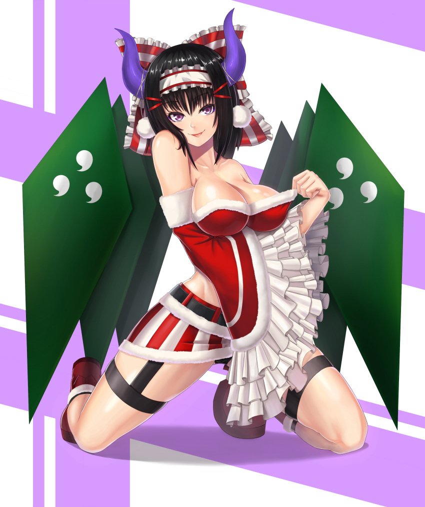 1girl, :p, absurdres, ankle_boots, bare_shoulders, black_hair, black_legwear, black_panties, boots, breasts, christmas, cleavage, cleavage_reach, collarbone, demon_horns, frilled_sleeves, frills, full_body, garter_straps, hairband, highres, horns, kneeling, large_breasts, long_hair, midriff, miniskirt, panties, pantyshot, rinkou_no_lemuria, rockmanwjh, shion_(lemuria), skirt, solo, thigh-highs, tongue, tongue_out, underwear, violet_eyes, wide_sleeves