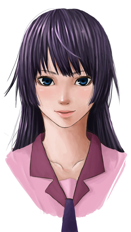 bakemonogatari, blue_eyes, bust, long_hair, mizumoto_kazuki, monogatari_(series), necktie, portrait, purple_hair, senjougahara_hitagi, smile