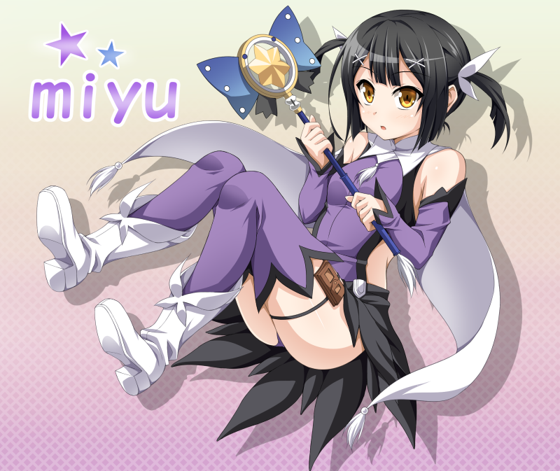 1girl, alternate_hairstyle, black_hair, character_name, detached_sleeves, fate/kaleid_liner_prisma_illya, fate_(series), hair_ornament
