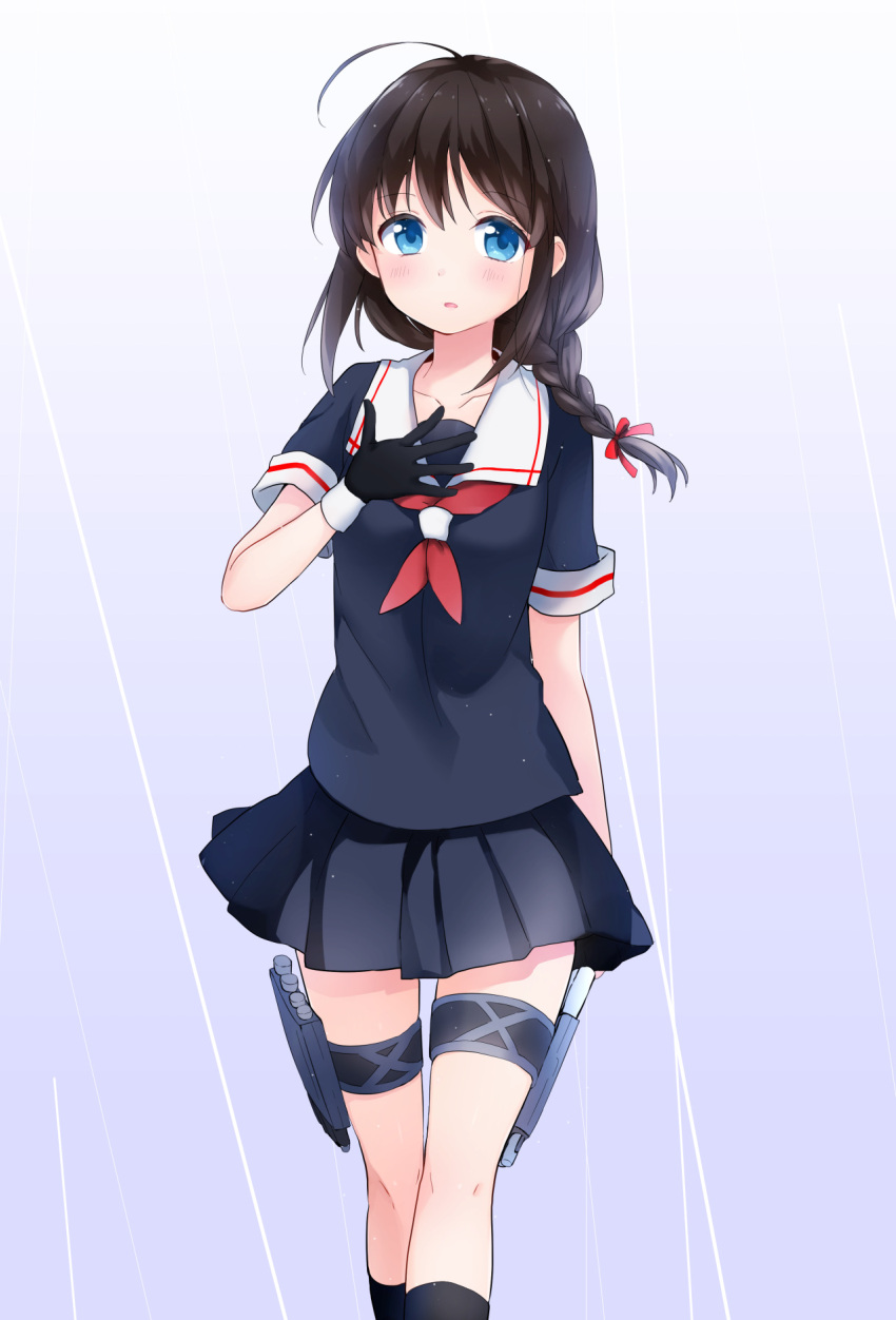 1girl, :o, ahoge, akariko_(akaringo), black_glove, blue_eyes, braid, brown_hair