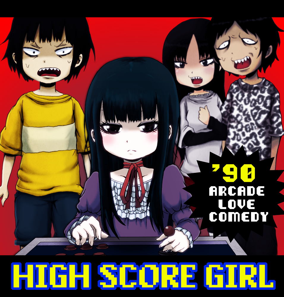 2boys, 2girls, arcade_cabinet, arcade_stick, controller, dress, english, game_controller