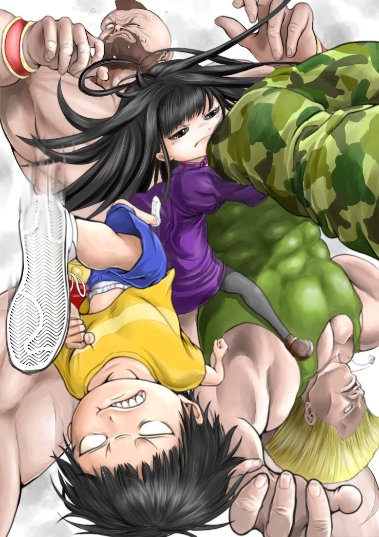 1girl, 3boys, abs, age_difference, angry, battle, black_hair, blank_eyes