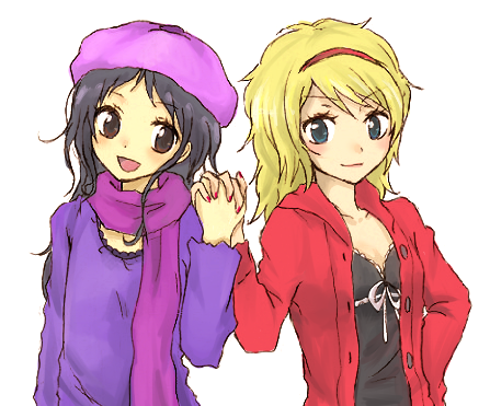 bebe_stevens, beret, black_hair, blonde_hair, blue_eyes, brown_eyes, hairband, hand_holding