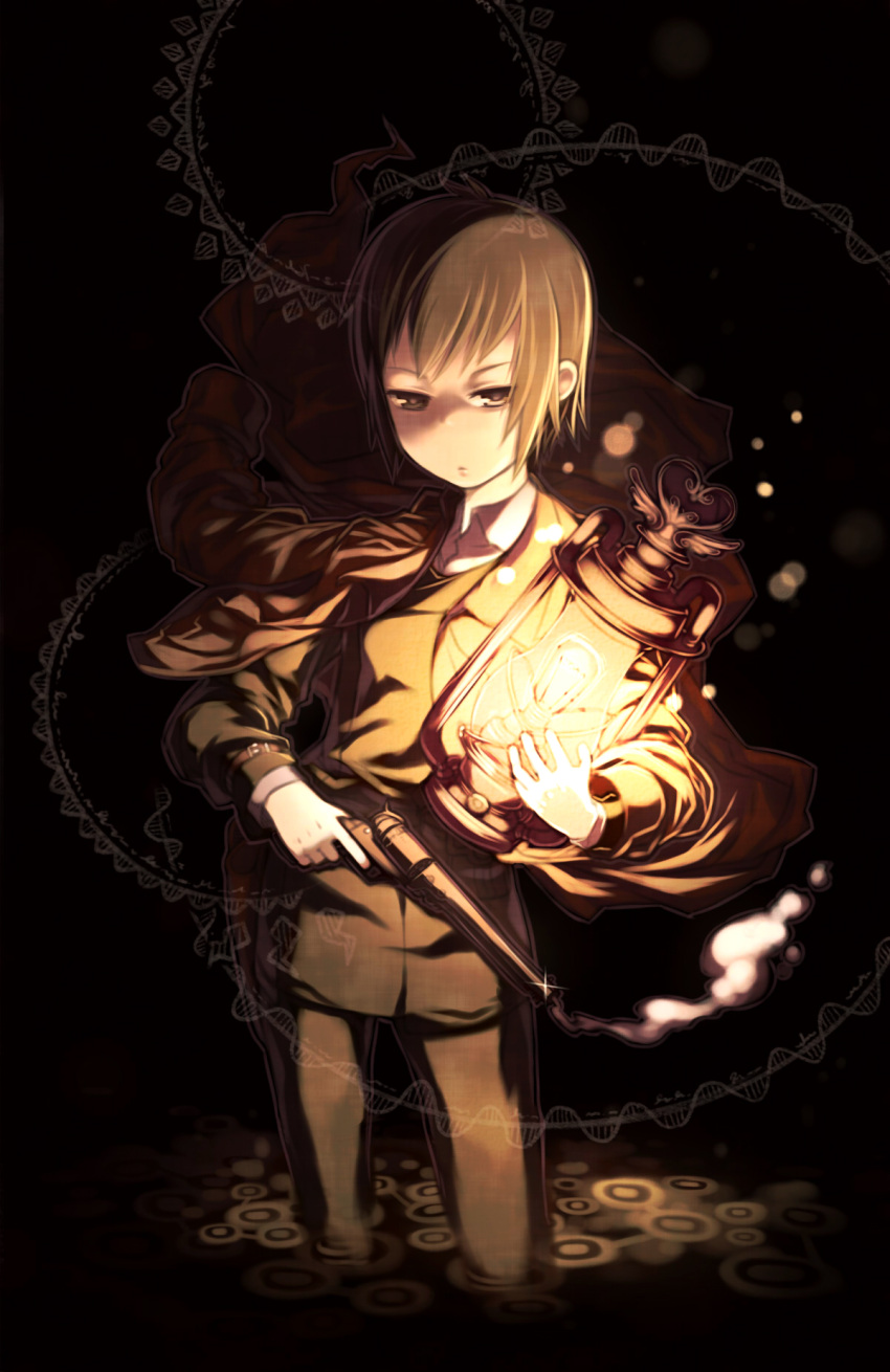1girl, androgynous, brown_eyes, brown_hair, coat, dark, expressionless, gun, handgun, highres, kino, kino_no_tabi, lantern, nyakkuru, reverse_trap, revolver, short_hair, smoke, smoking_gun, solo, tomboy, weapon