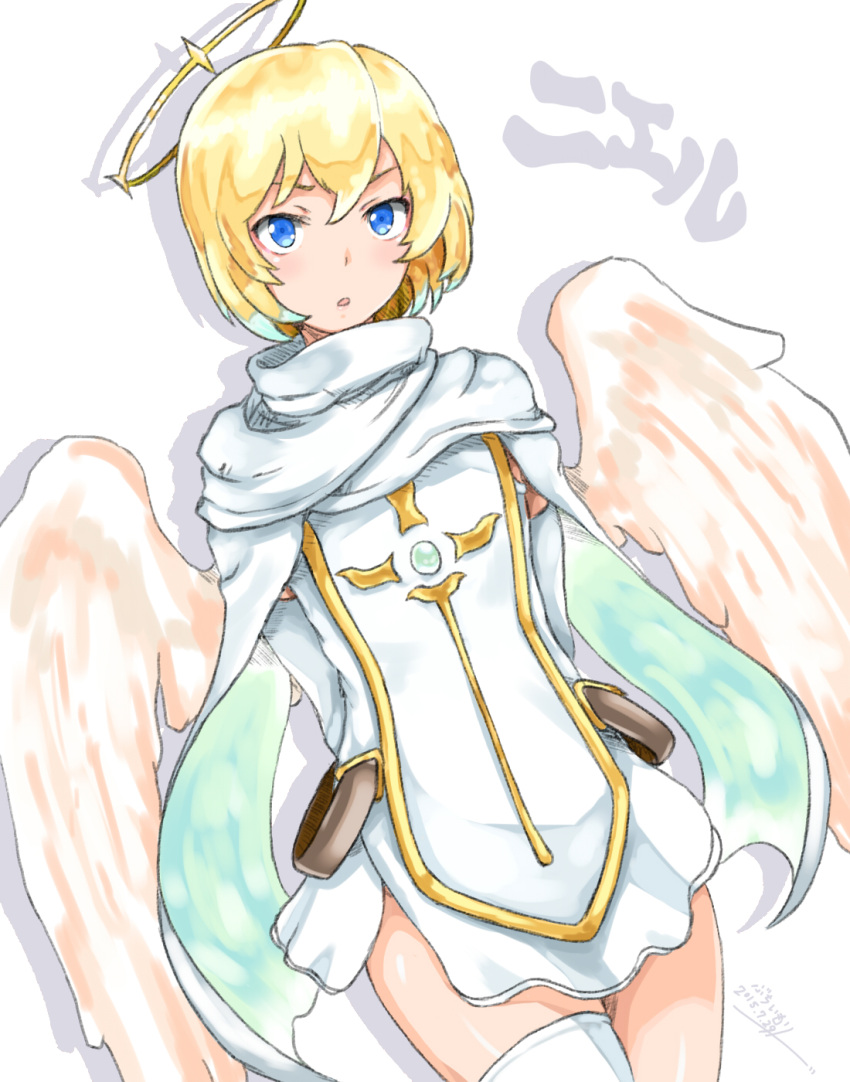 1girl, angel, angel_wings, arms_behind_back, artist_request, blonde_hair, blue_eyes, character_name