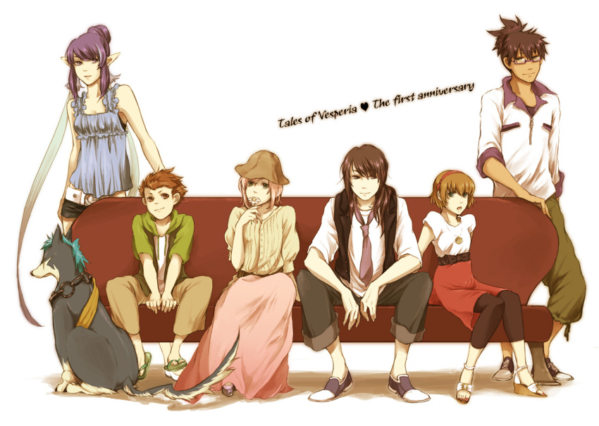 3girls, bad_id, casual, dog, estellise_sidos_heurassein, everyone, glasses, hat, judith, karol_capel, multiple_boys, multiple_girls, pointy_ears, raven, repede, rita_mordio, tales_of_(series), tales_of_vesperia, title_drop, vaayunto_yuuki, yuri_lowell