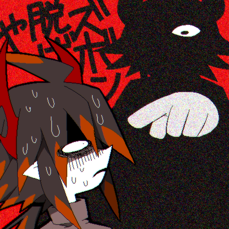 2boys, black_hair, demon_horns, haiiro_teien, horns, ivlis, lowres, mogeko_(okegom)
