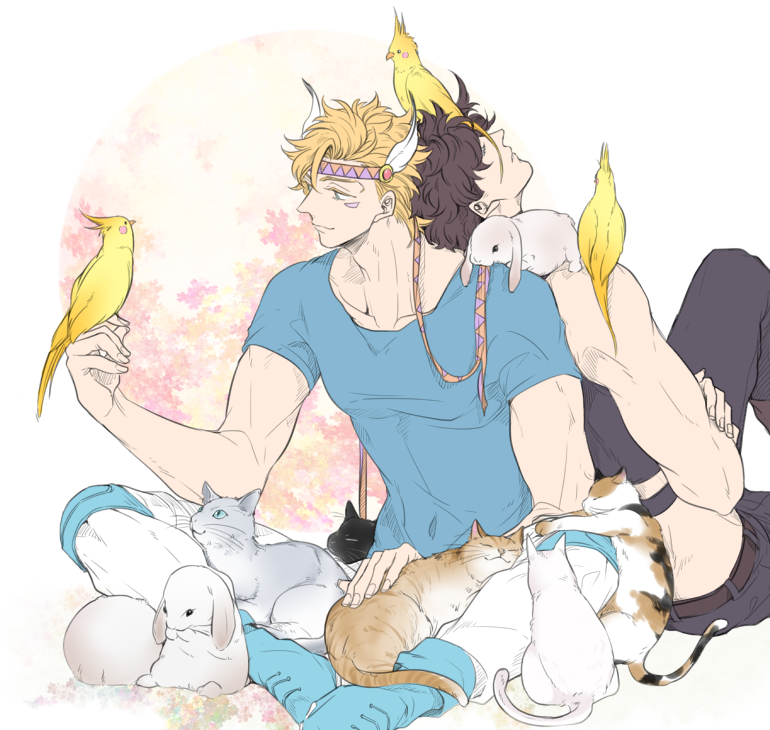 2boys, bird, black_hair, blonde_hair, bunnies, caesar_anthonio_zeppeli, cat, feathers